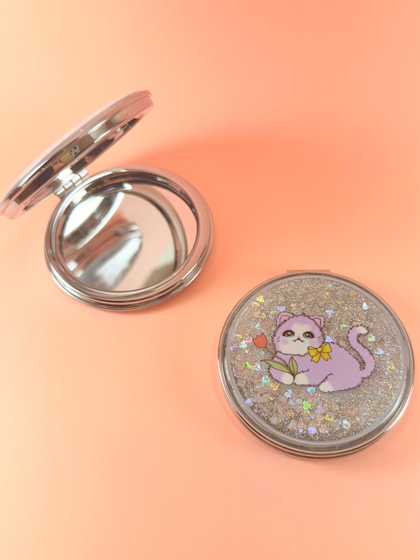 Purple kitty circle glitter compact mirror